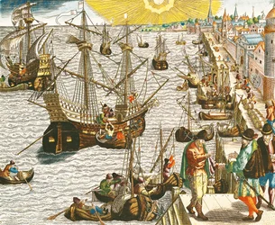 Abfahrt von Lissabon nach Brasilien, Ostindien und Amerika, Illustration aus „Americae Tertia Pars...“, 1592